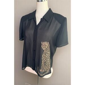Vintage Black Sheer Button Up Top Blouse Leopard Retro Goth Glan Kitschy